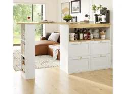 Buffet, Mueble de bar giratorio y abatible - 4 cajones y 4 compartimentos - Blanco