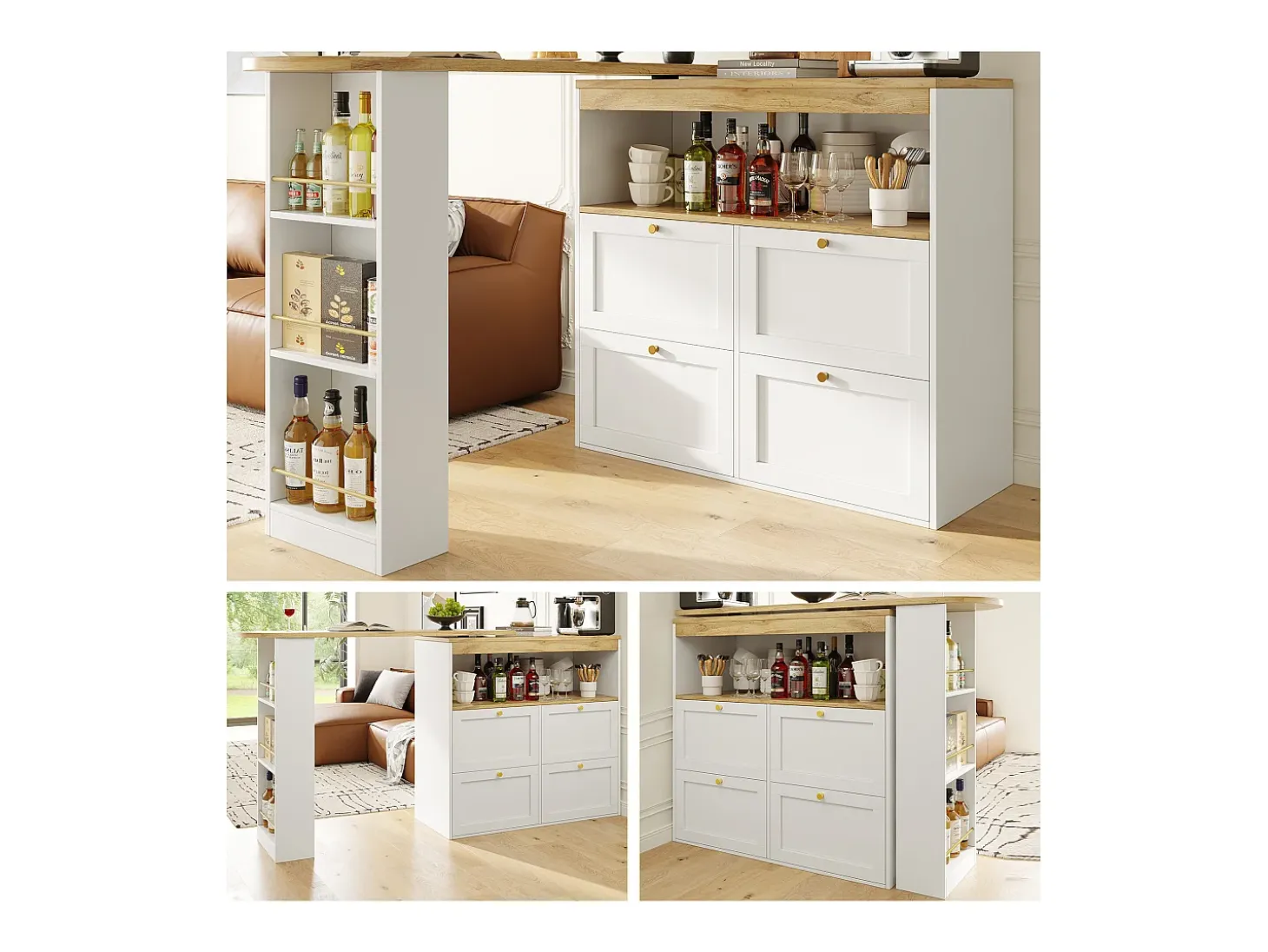 Buffet, Mueble de bar giratorio y abatible - 4 cajones y 4 compartimentos - Blanco