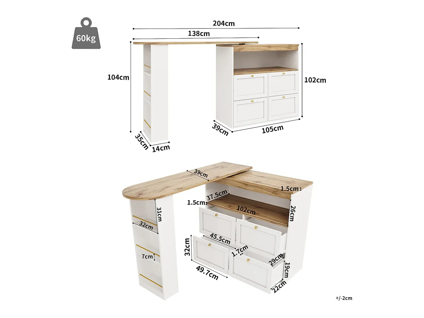 Buffet, Mueble de bar giratorio y abatible - 4 cajones y 4 compartimentos - Blanco