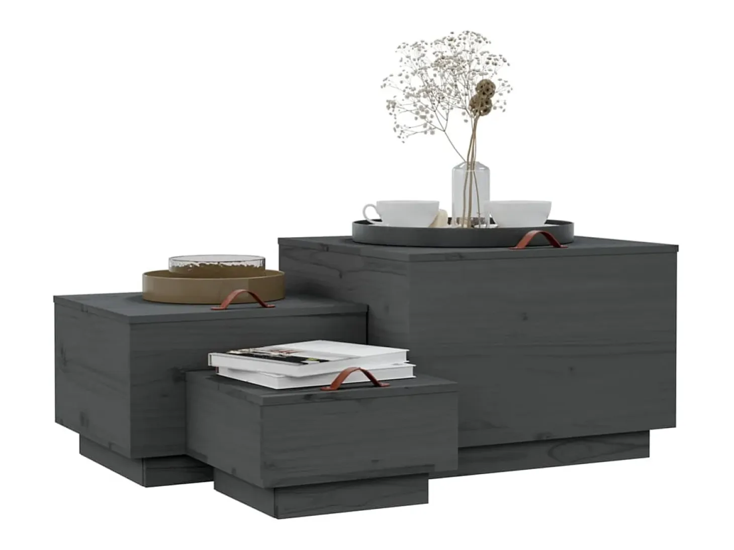 Cajas de almacenaje con tapa 3 pzas madera maciza pino gris