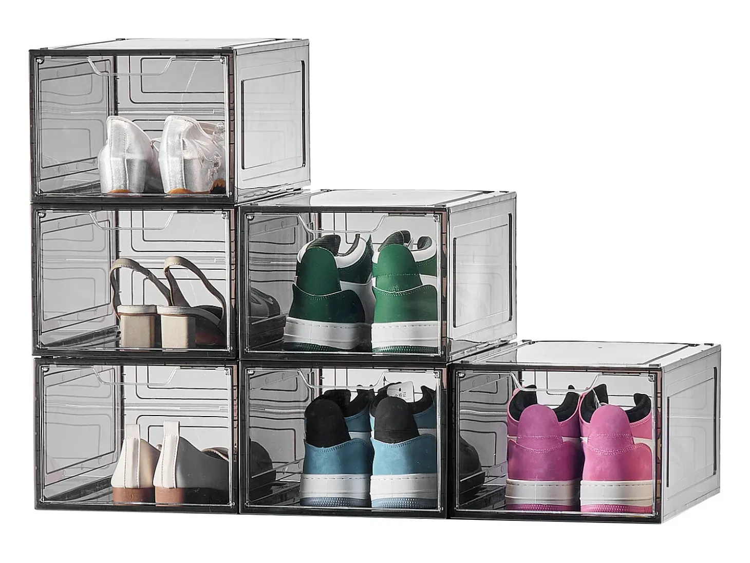Cajas de Zapatos Apilables SucceBuy Lote de 6, Adecuadas para Tallas hasta US 13, de Plástico Robusto con Puerta Magnética, Ideales para Tacones