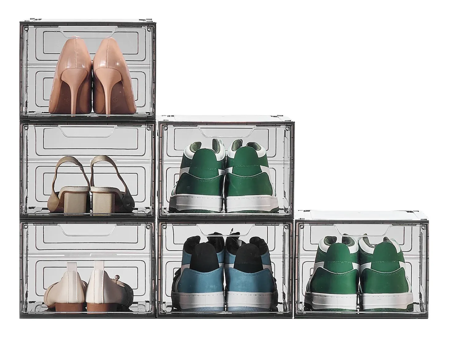 Cajas de Zapatos Apilables SucceBuy Lote de 6, Adecuadas para Tallas hasta US 13, de Plástico Robusto con Puerta Magnética, Ideales para Tacones
