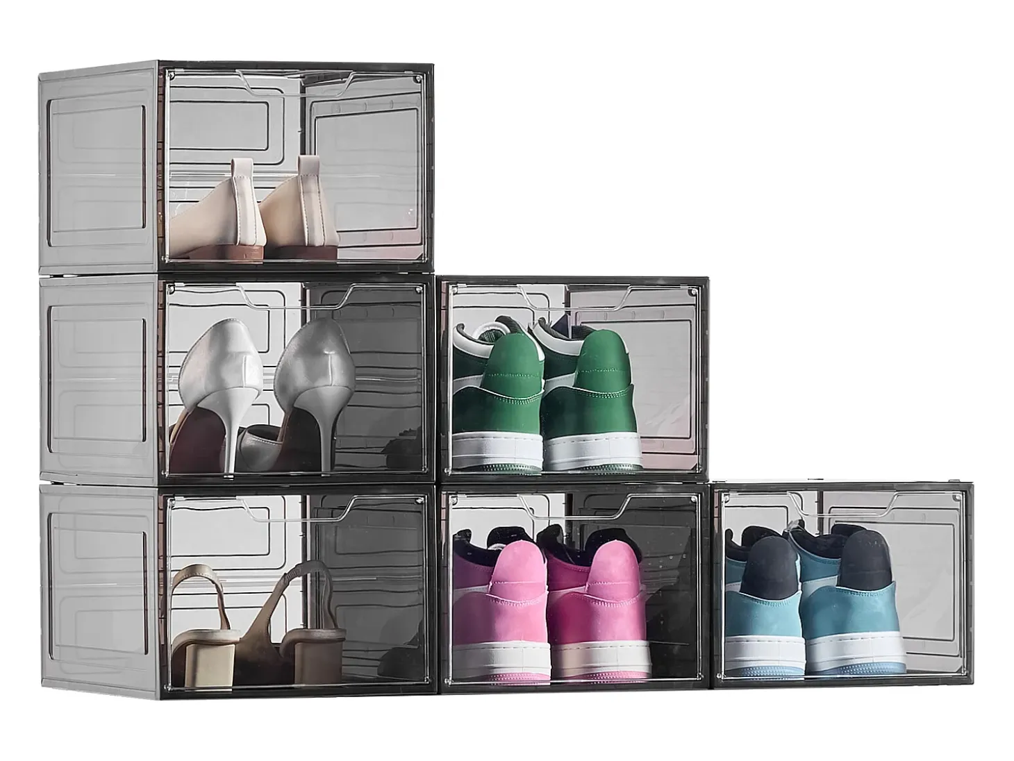 Cajas de Zapatos Apilables SucceBuy Lote de 6, Adecuadas para Tallas hasta US 13, de Plástico Robusto con Puerta Magnética, Ideales para Tacones