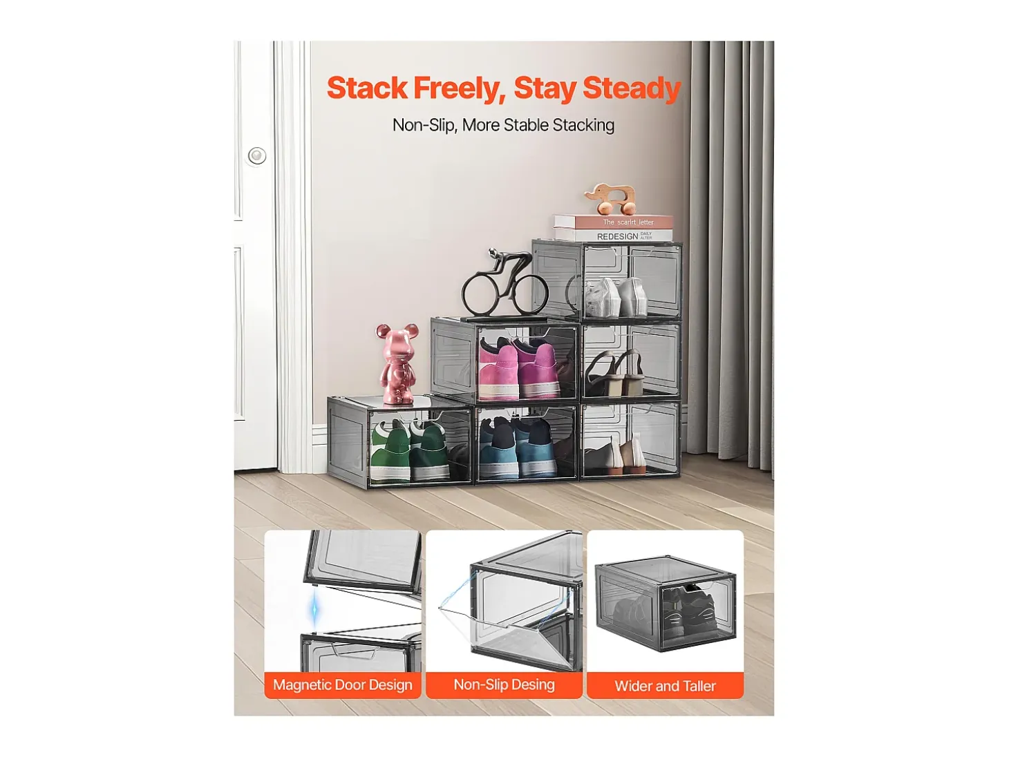 Cajas de Zapatos Apilables SucceBuy Lote de 6, Adecuadas para Tallas hasta US 13, de Plástico Robusto con Puerta Magnética, Ideales para Tacones