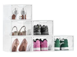 Cajas de Zapatos Apilables SucceBuy Lote de 6, Adecuadas para Tallas hasta US 13, de Plástico Duradero con Puerta Magnética, Ideales para Tacones