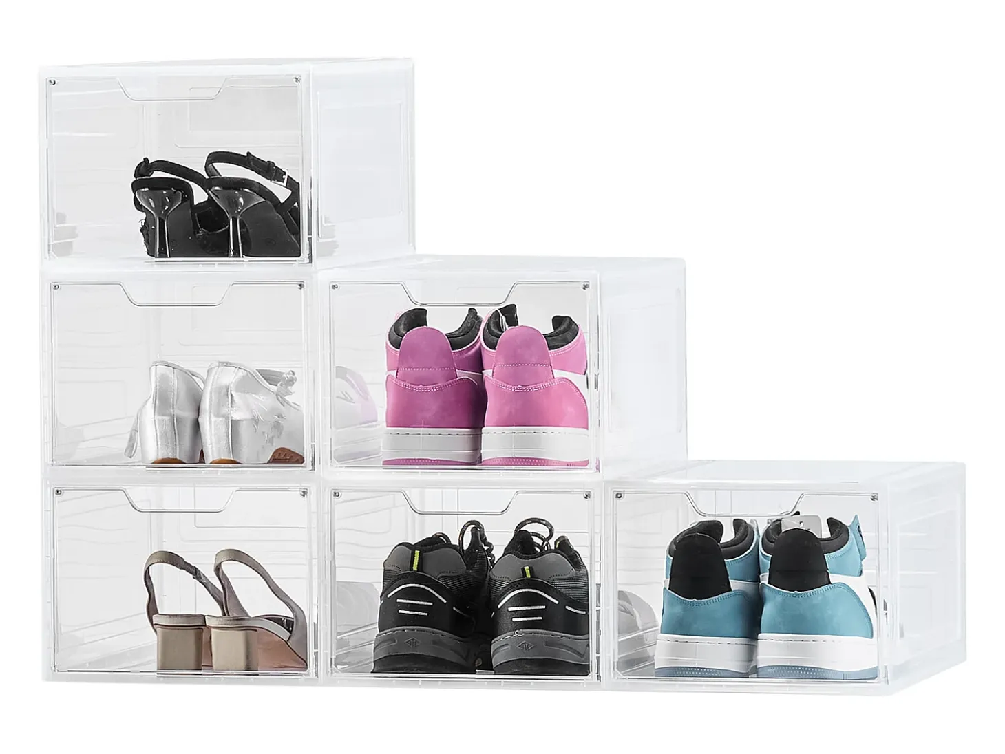 Cajas de Zapatos Apilables SucceBuy Lote de 6, Adecuadas para Tallas hasta US 13, de Plástico Duradero con Puerta Magnética, Ideales para Tacones