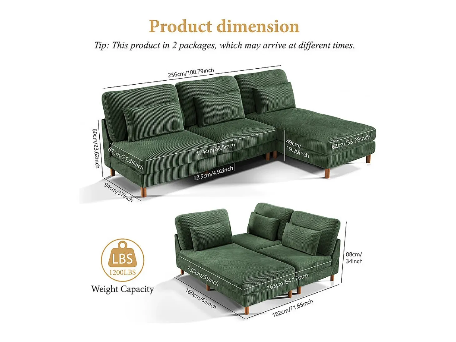 Canapé de esquina reversible en terciopelo acanalado - 2 plazas + méridienne - Verde - 256 x 160 x 88 cm