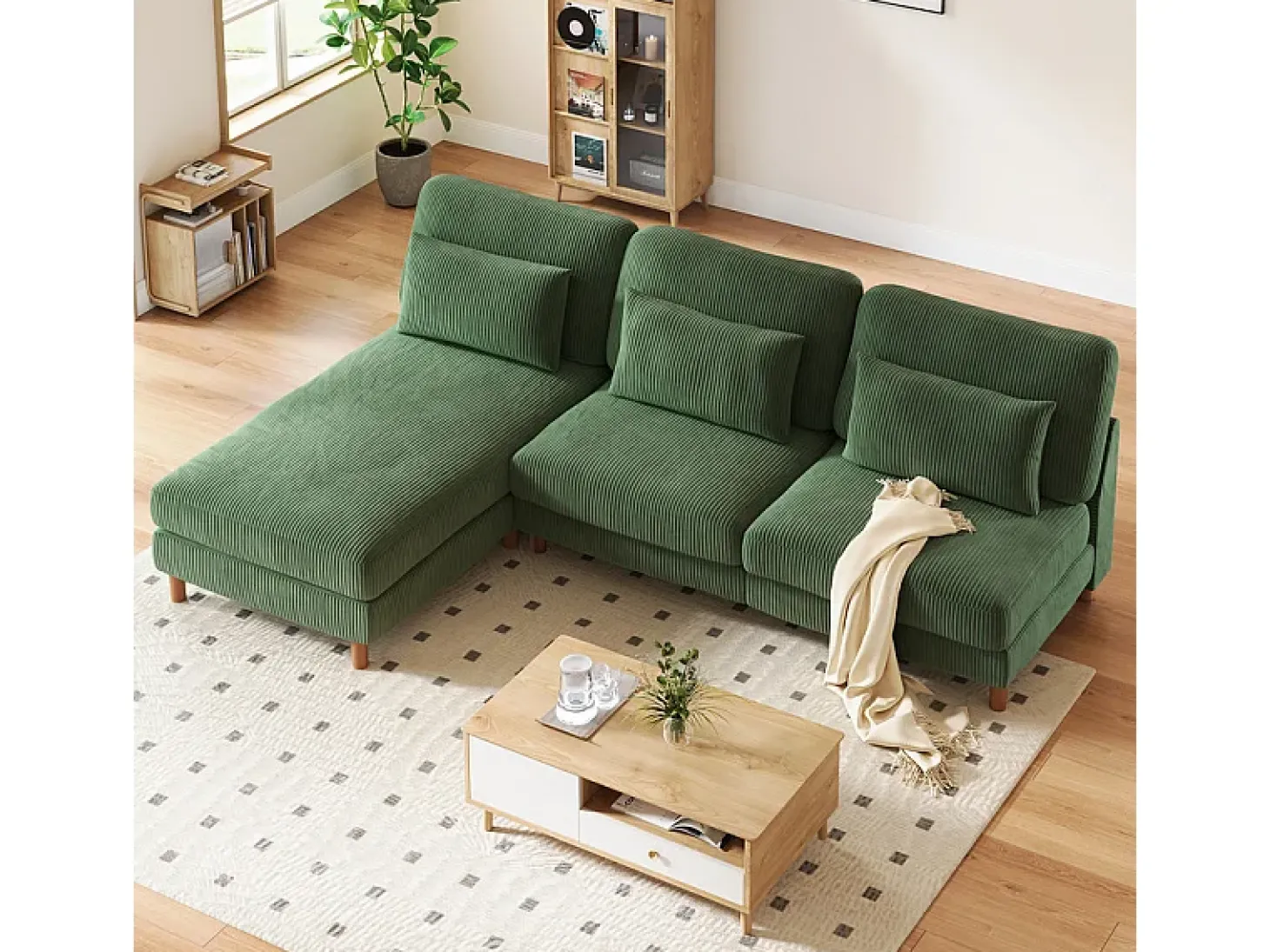 Canapé de esquina reversible en terciopelo acanalado - 2 plazas + méridienne - Verde - 256 x 160 x 88 cm