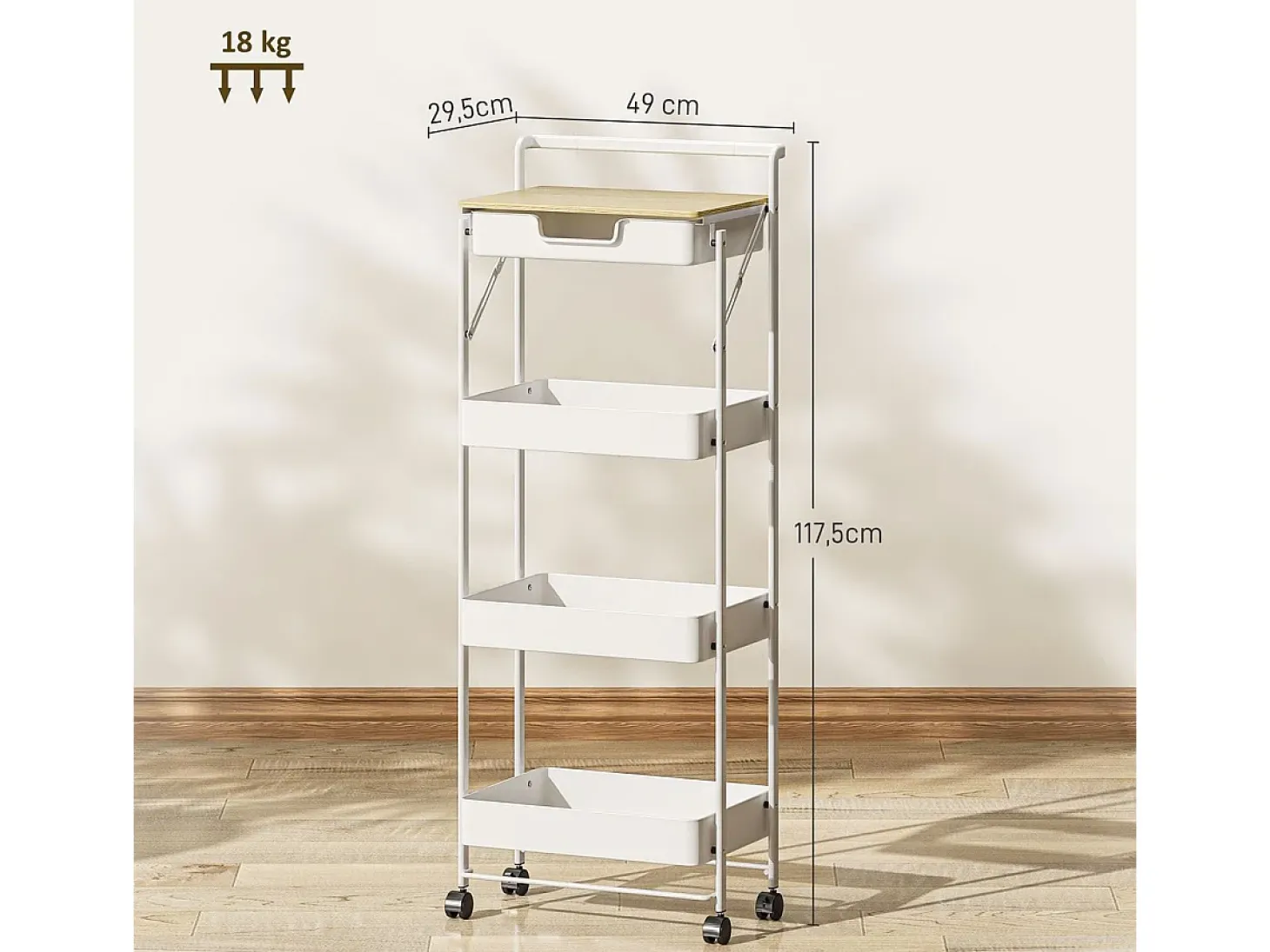 Carrito auxiliar Thila Homcom 3 estantes con cajón blanco 117,5x45x29,5 cm