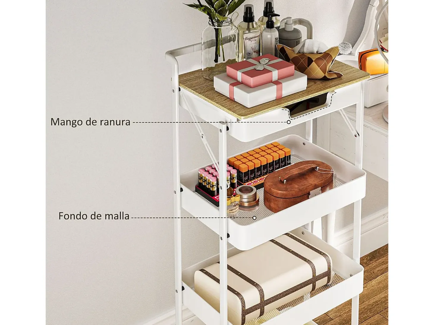 Carrito auxiliar Thila Homcom 3 estantes con cajón blanco 117,5x45x29,5 cm