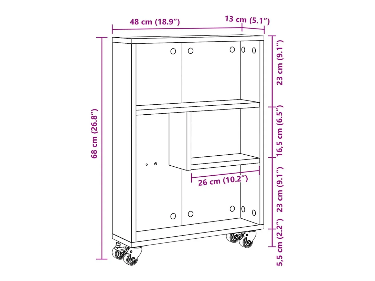 Carrito de almacenaje estrecho madera blanco 48x13x68 cm