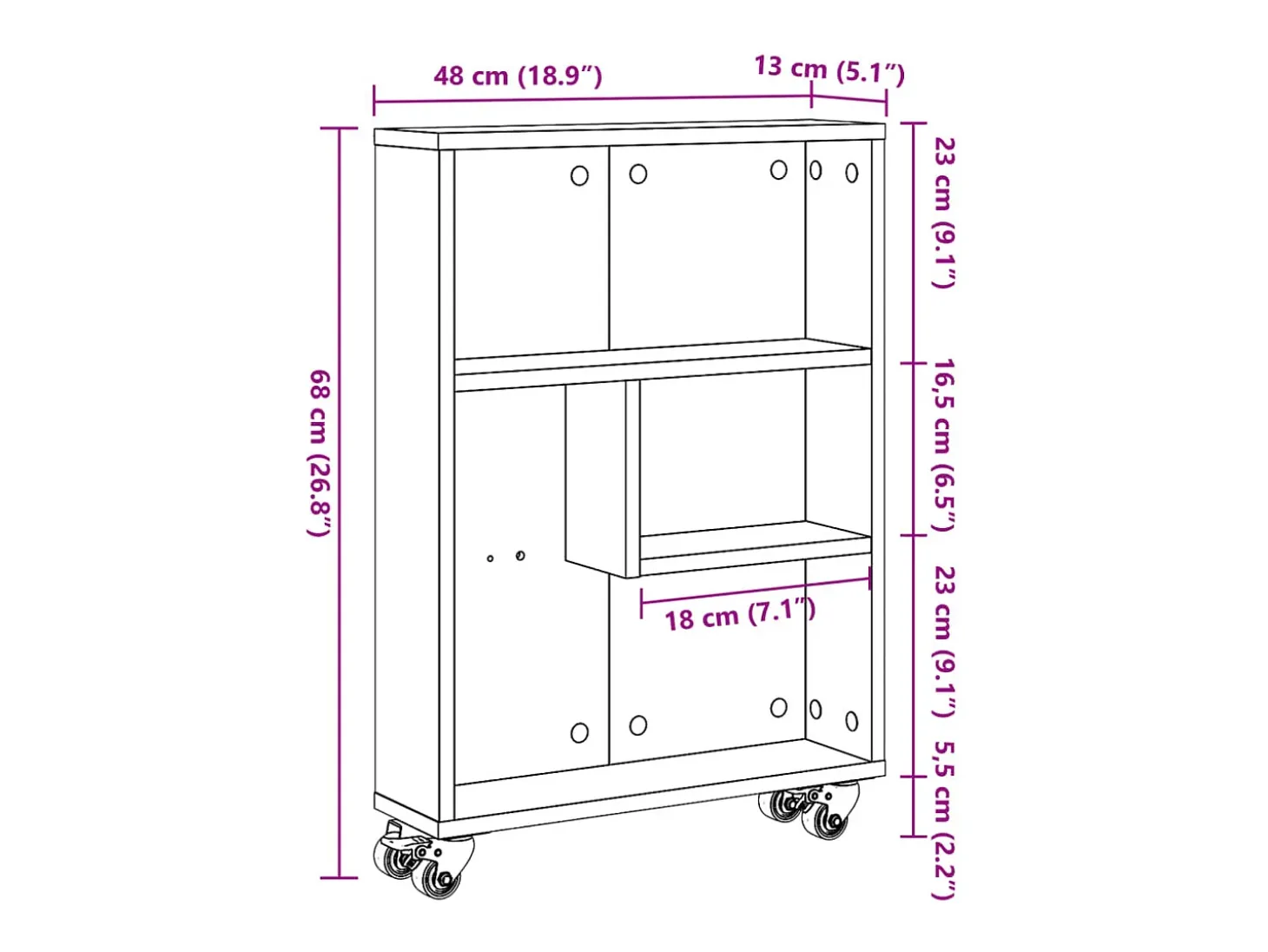 Carrito de almacenaje estrecho roble Sonoma 48x13x68 cm madera de ingeniería