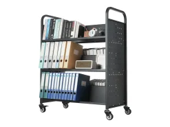 Carrito para Libros SucceBuy, Capacidad de Carga 150 kg, 97x51,5x122,5 cm, Estante de Almacenamiento de Libros de Doble Cara en W con Ruedas con Doble Freno, Negro