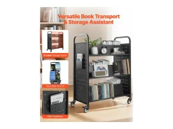 Carrito para Libros SucceBuy, Capacidad de Carga 150 kg, 97x51,5x122,5 cm, Estante de Almacenamiento de Libros de Doble Cara en W con Ruedas con Doble Freno, Negro