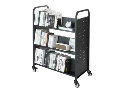 Carrito para Libros SucceBuy, Capacidad de Carga 150 kg, 97x51,5x122,5 cm, Estante de Almacenamiento de Libros de Doble Cara en W con Ruedas con Doble Freno, Negro