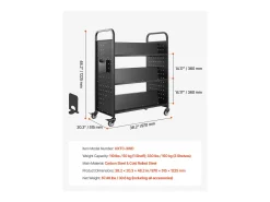 Carrito para Libros SucceBuy, Capacidad de Carga 150 kg, 97x51,5x122,5 cm, Estante de Almacenamiento de Libros de Doble Cara en W con Ruedas con Doble Freno, Negro