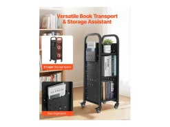 Carrito para Libros SucceBuy, Capacidad de Carga 100 kg, Carrito de Biblioteca, 32 x 35 x 93,5 cm, Estante de Almacenamiento de Libros de Una Cara en L, Negro