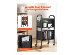 Carrito para Libros SucceBuy, Capacidad de Carga 70 kg, Carrito de Biblioteca, 45 x 33 x 88 cm, Estante de Almacenamiento de Libros de Doble Cara en L, Negro