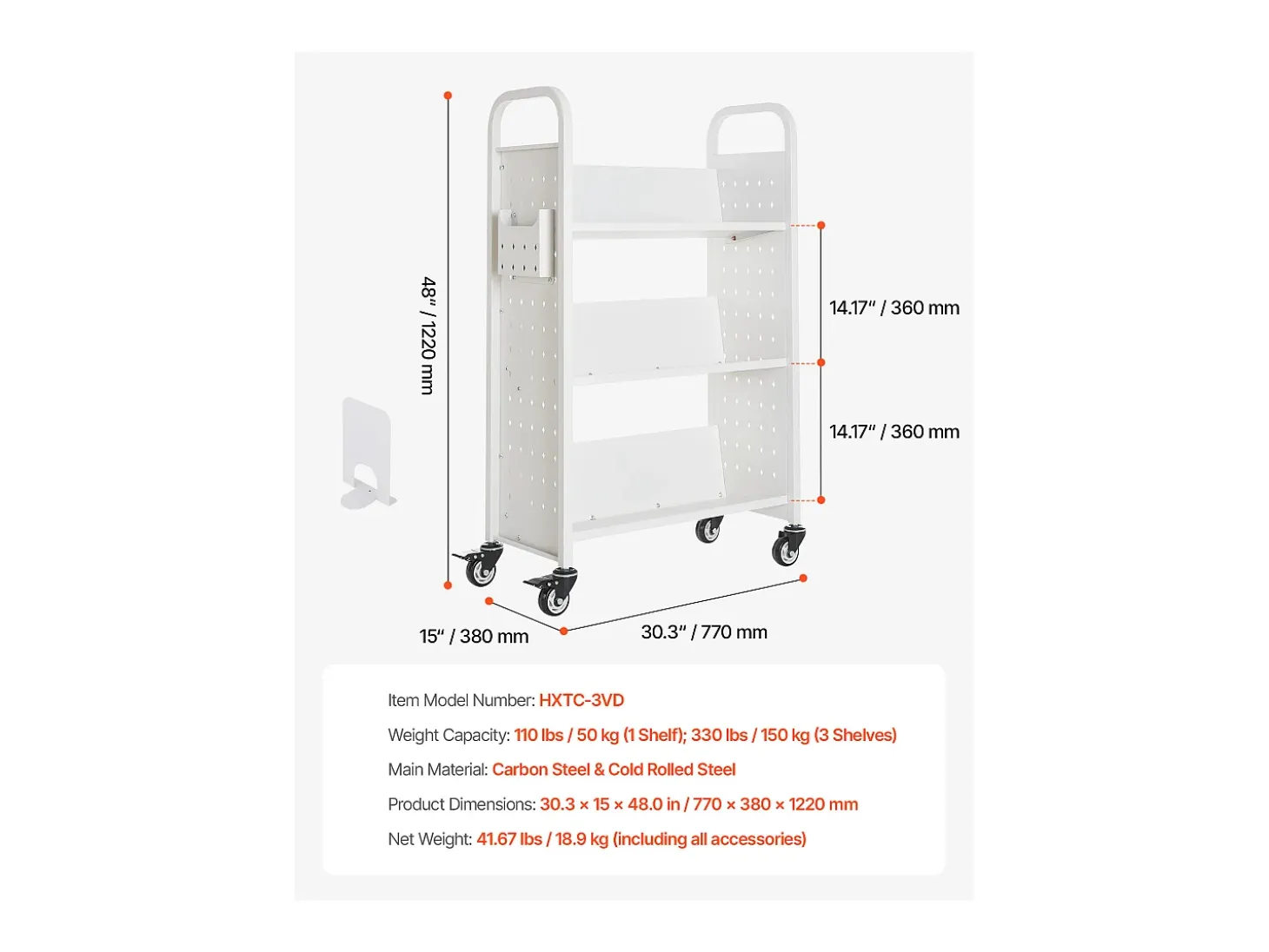 Carrito para Libros SucceBuy, Capacidad de Carga 150 kg, Carrito de Biblioteca, 77 x 38 x 122 cm, Estante de Almacenamiento de Libros de Una Cara en V, Blanco