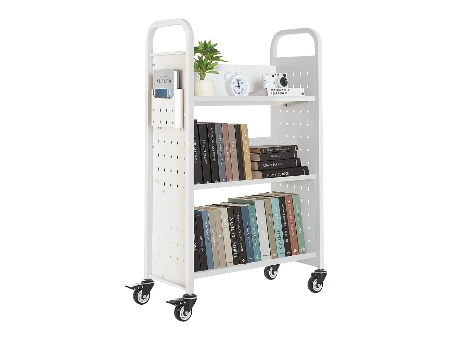 Carrito para Libros SucceBuy, Capacidad de Carga 150 kg, Carrito de Biblioteca, 77 x 38 x 122 cm, Estante de Almacenamiento de Libros de Una Cara en V, Blanco