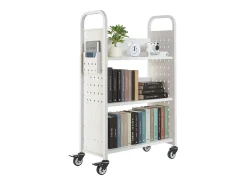 Carrito para Libros SucceBuy, Capacidad de Carga 150 kg, Carrito de Biblioteca, 77 x 38 x 122 cm, Estante de Almacenamiento de Libros de Una Cara en L, Blanco