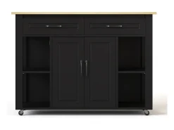 Carro de cocina 120x44x91,5 con barra de bar y tomas de corriente, dos cajones y dos puertas de armario con separadores en color negro para cocina y comedor