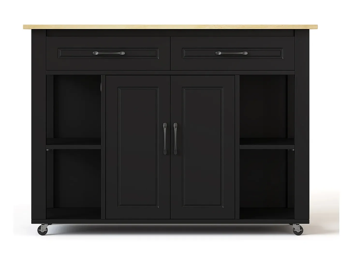Carro de cocina 120x44x91,5 con barra de bar y tomas de corriente, dos cajones y dos puertas de armario con separadores en color negro para cocina y comedor