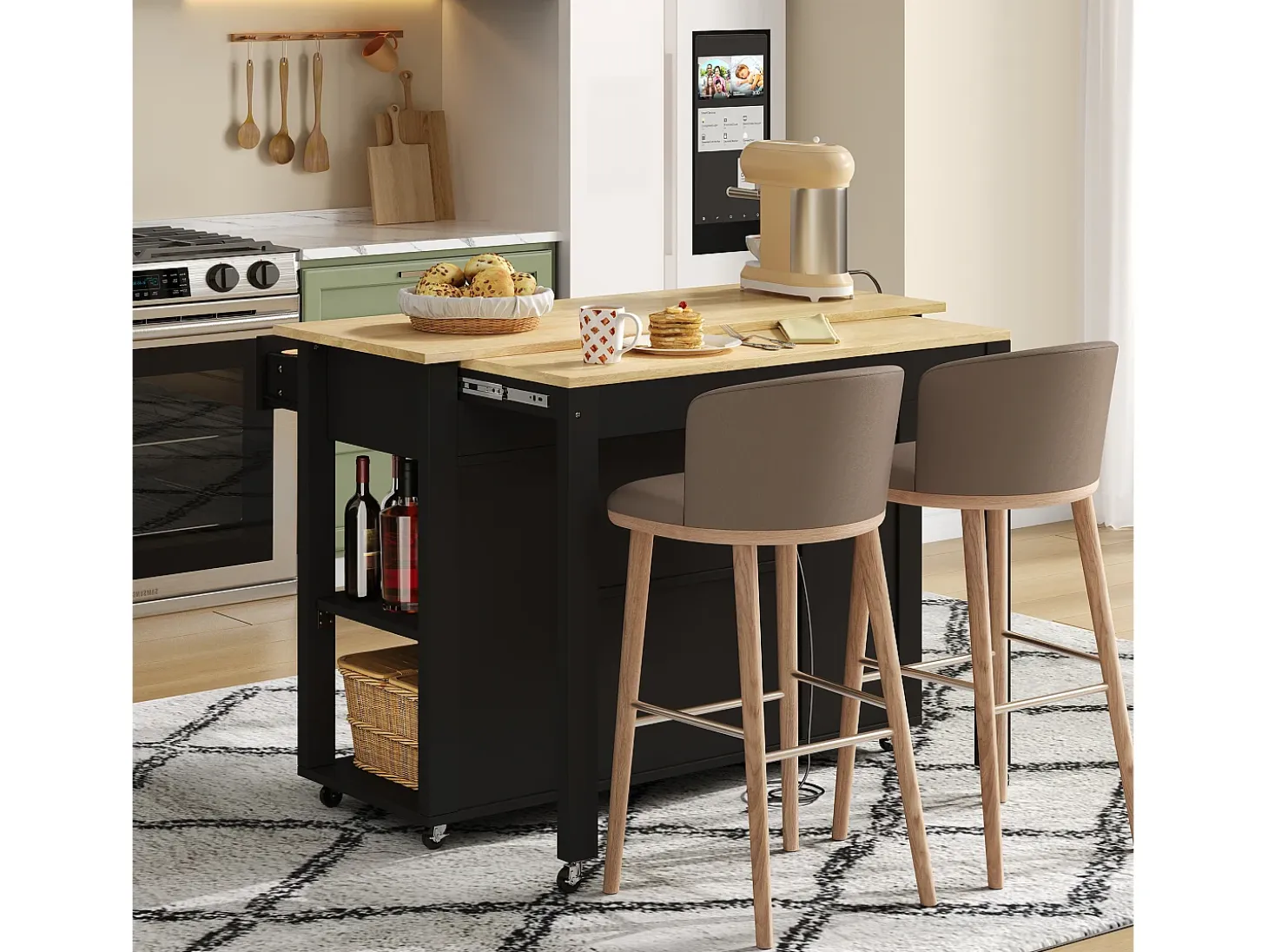 Carro de cocina 120x44x91,5 con barra de bar y tomas de corriente, dos cajones y dos puertas de armario con separadores en color negro para cocina y comedor