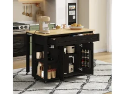 Carro de cocina 120x44x91,5 con barra de bar y tomas de corriente, dos cajones y dos puertas de armario con separadores en color negro para cocina y comedor