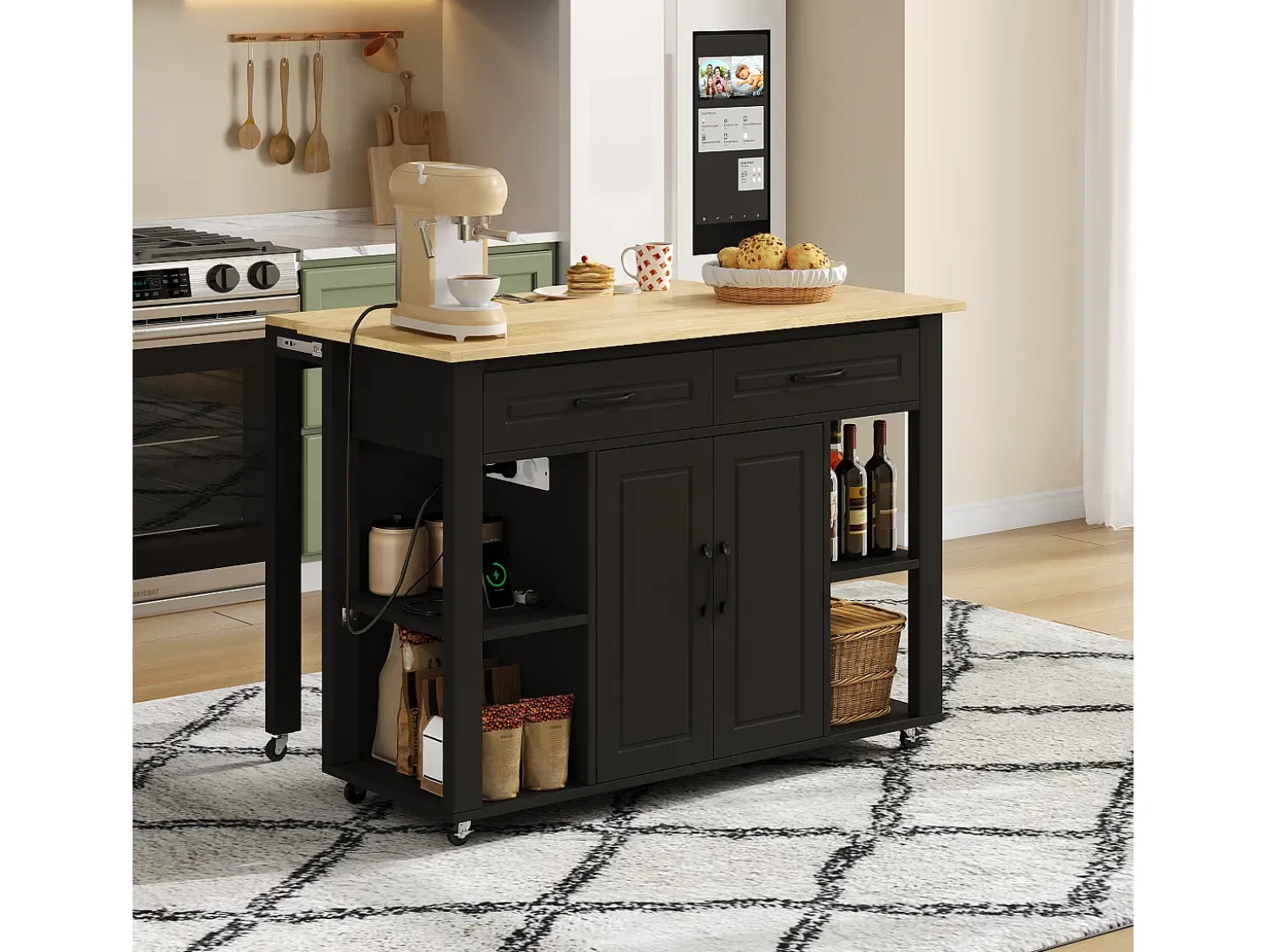 Carro de cocina 120x44x91,5 con barra de bar y tomas de corriente, dos cajones y dos puertas de armario con separadores en color negro para cocina y comedor