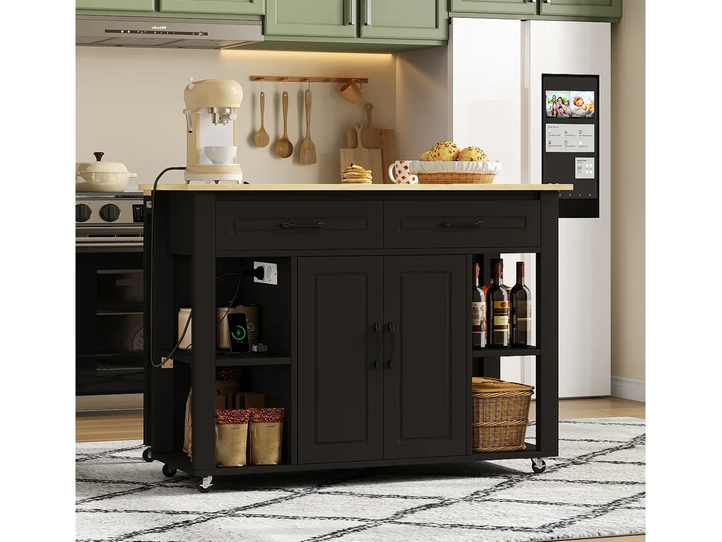 Carro de cocina 120x44x91,5 con barra de bar y tomas de corriente, dos cajones y dos puertas de armario con separadores en color negro para cocina y comedor