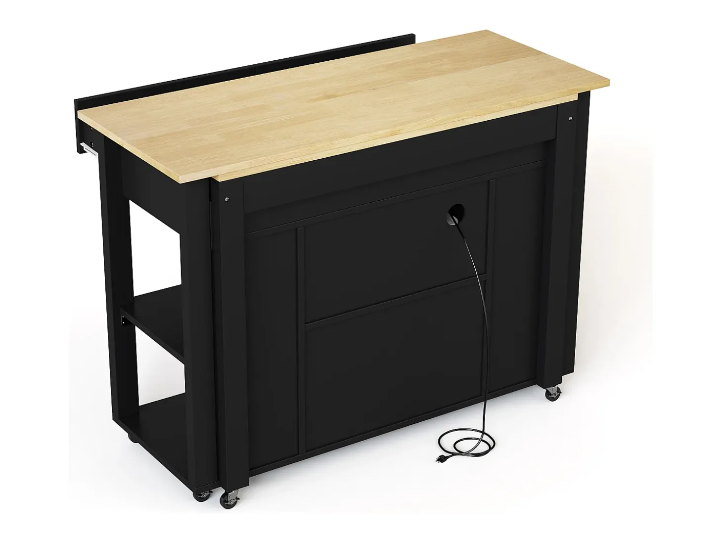 Carro de cocina 120x44x91,5 con barra de bar y tomas de corriente, dos cajones y dos puertas de armario con separadores en color negro para cocina y comedor