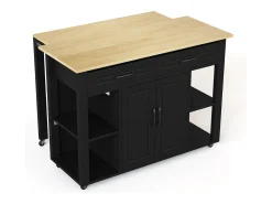 Carro de cocina 120x44x91,5 con barra de bar y tomas de corriente, dos cajones y dos puertas de armario con separadores en color negro para cocina y comedor