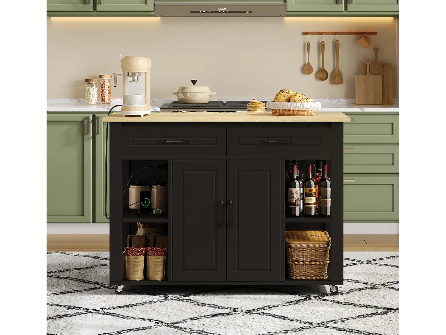 Carro de cocina 120x44x91,5 con barra de bar y tomas de corriente, dos cajones y dos puertas de armario con separadores en color negro para cocina y comedor