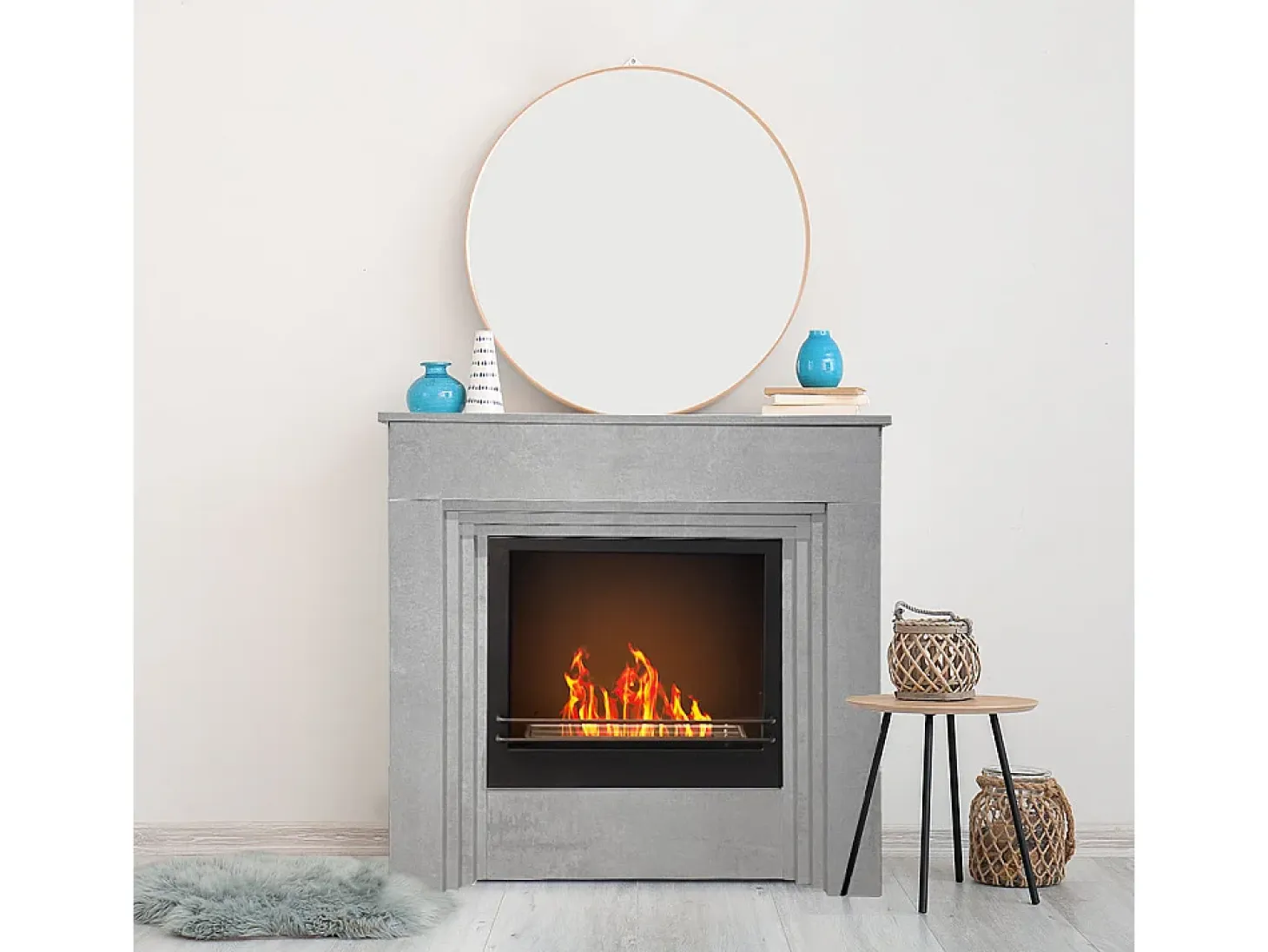 Chimenea de bioetanol de suelo BELLINI de madera con efecto cemento. Fabricada en Italia. L96 x P35 x H96.