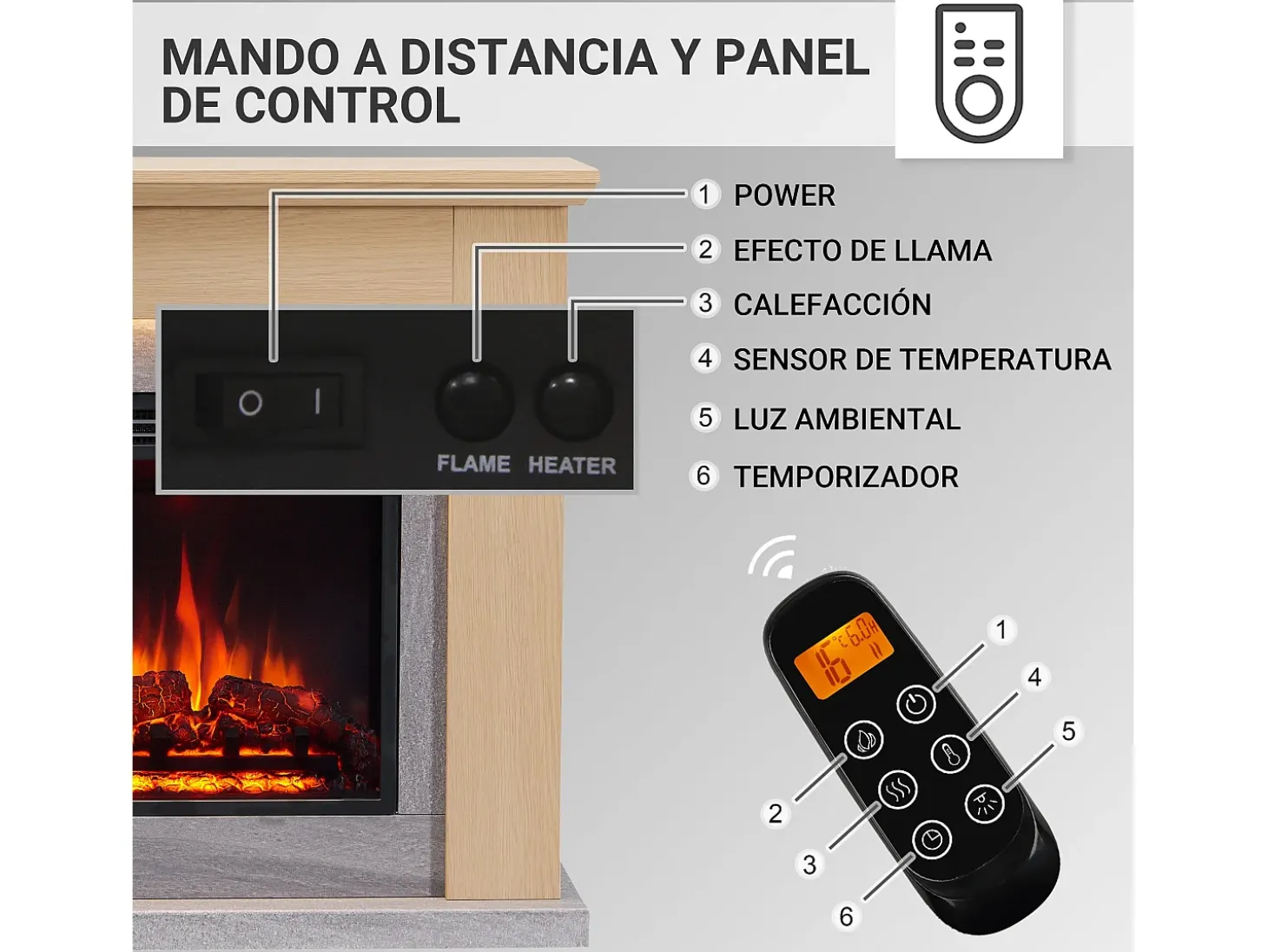 Chimenea eléctrica BALDERIA Pandora - Chimenea de pie, 2000 W - Marrón claro