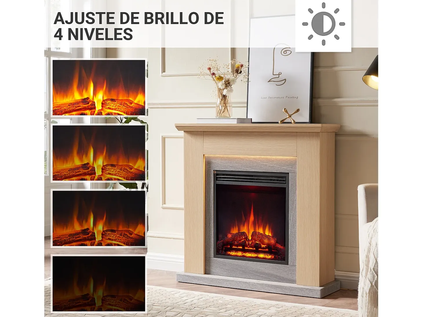 Chimenea eléctrica BALDERIA Pandora - Chimenea de pie, 2000 W - Marrón claro