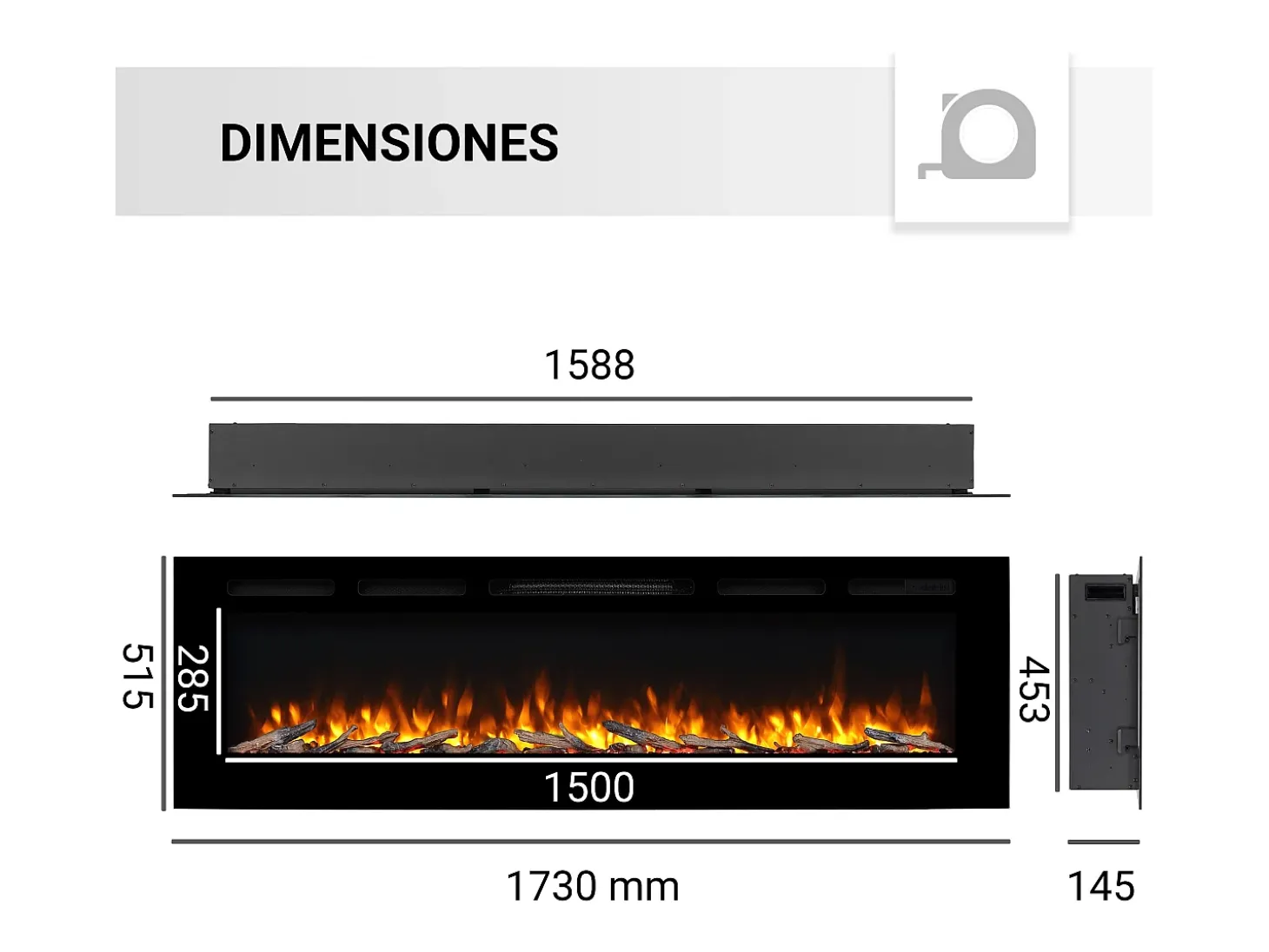 Chimenea eléctrica BALDERIA Fiamma 68 - Chimenea empotrable, calefacción 2000 W - Negro
