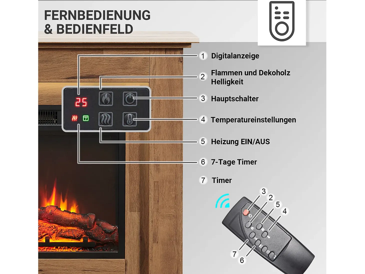 Chimenea eléctrica BALDERIA Finn - Chimenea de pie, calefacción 2000 W - Roble oscuro