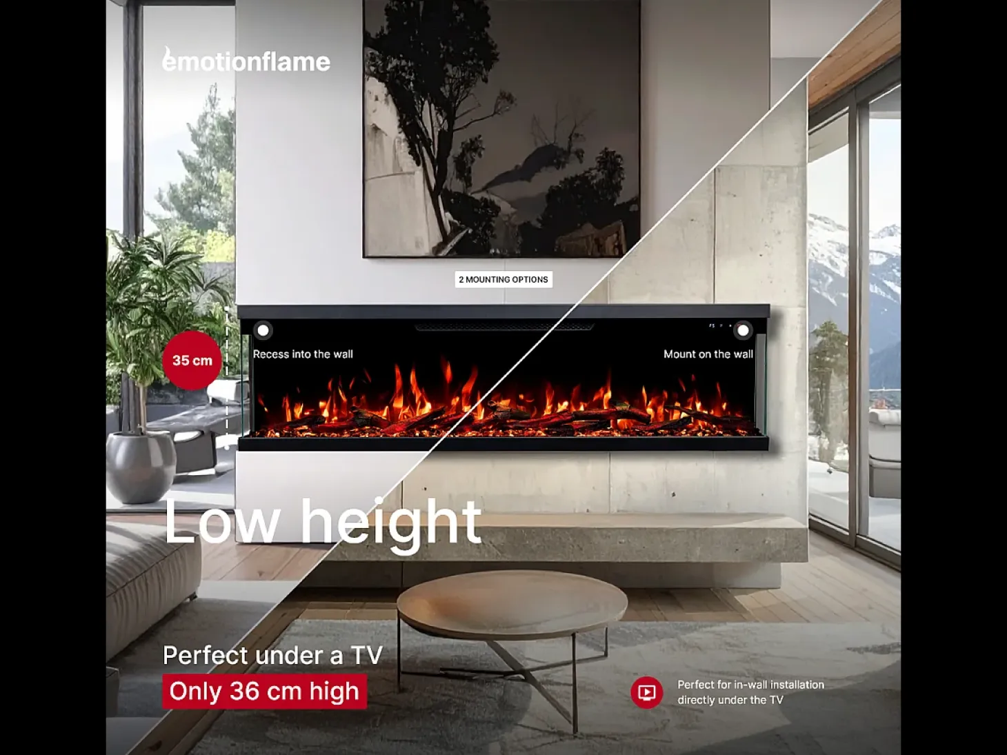 Chimenea eléctrica de 3 caras UNITY 107 - fuego premium, de pared o empotrada - 107x19x36 cm - LED decorativa con calefacción 900/1800W
