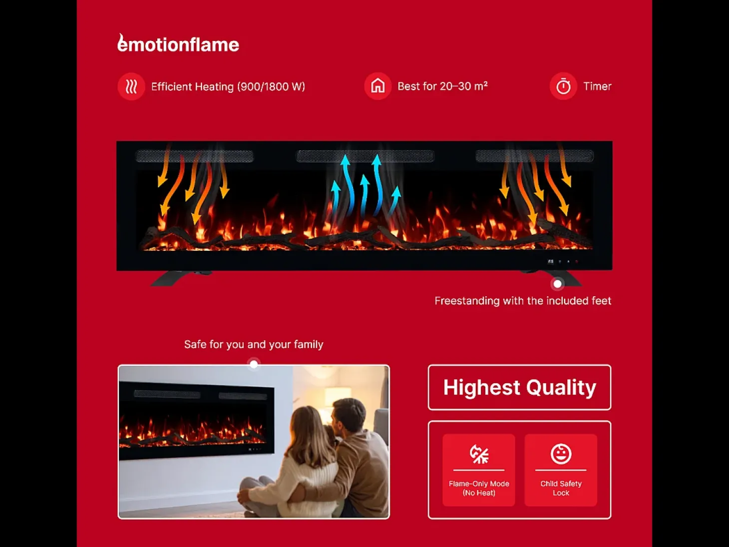 Chimenea eléctrica MONARCH 152 - fuego premium - de pared y empotrados - 152x13x35 cm - chimenea LED con calefacción 900/1800 W