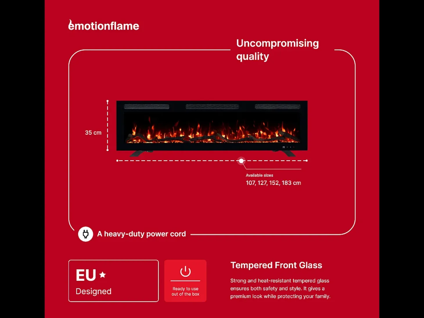 Chimenea eléctrica MONARCH 152 - fuego premium - de pared y empotrados - 152x13x35 cm - chimenea LED con calefacción 900/1800 W