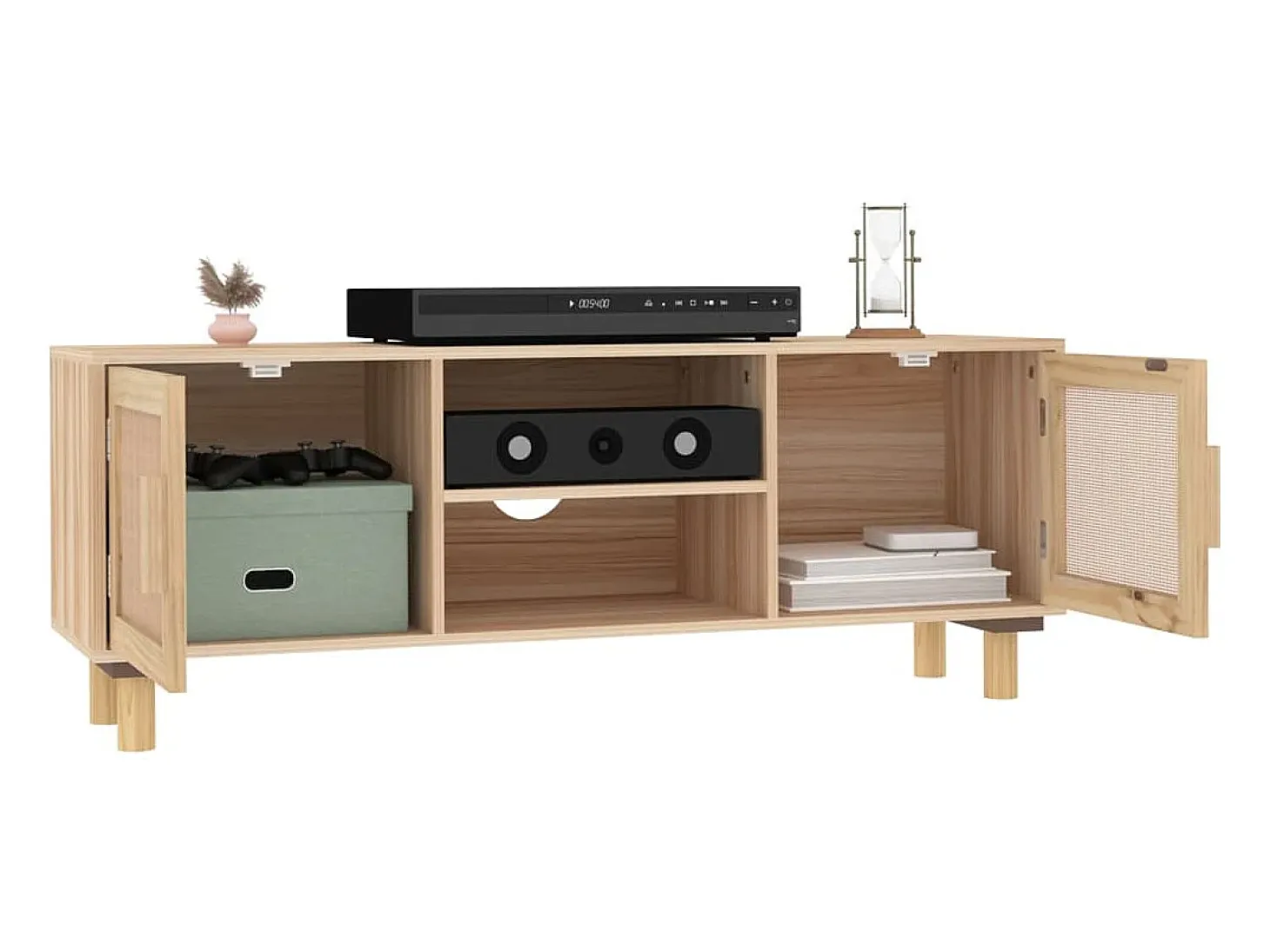 Claudia Mueble para TV madera maciza pino y ratán natural 105x30x40 cm