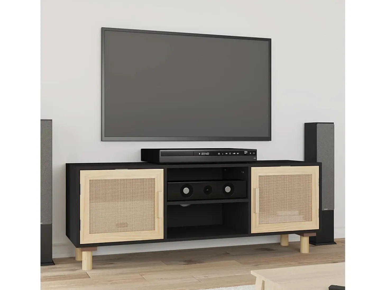 Claudia Mueble para TV madera maciza pino y ratán natural 105x30x40 cm