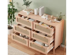 Cómoda de 6 cajones en ratán natural, estilo bohemio, para dormitorio o salón, color madera
