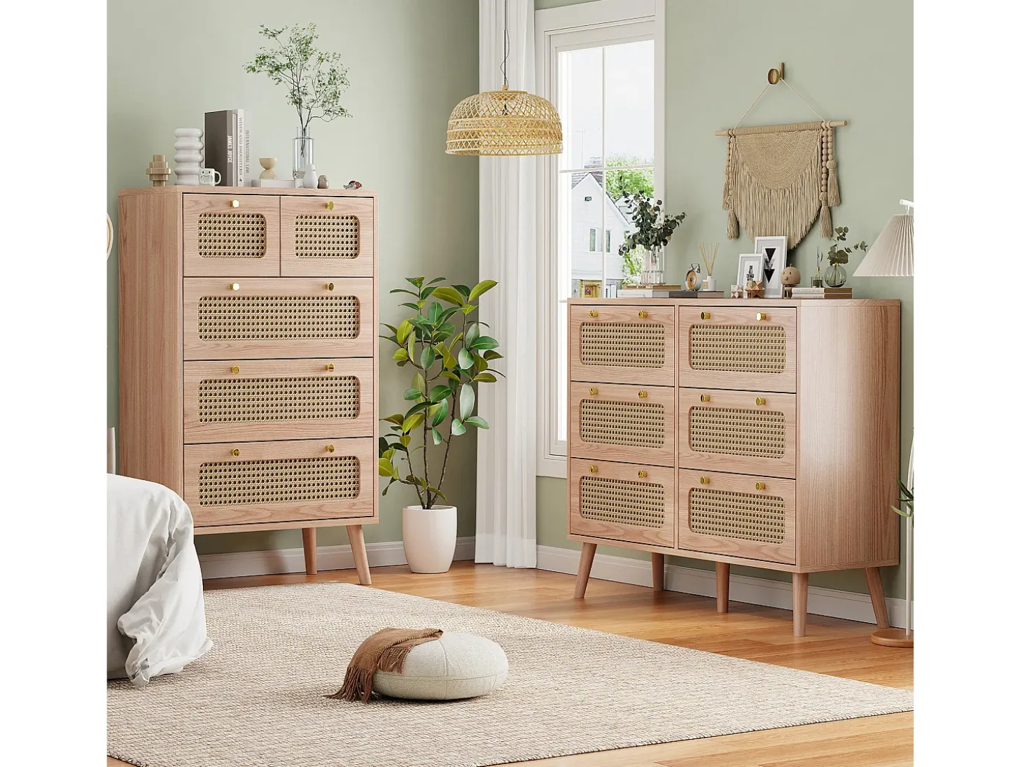Cómoda de 6 cajones en ratán natural, estilo bohemio, para dormitorio o salón, color madera