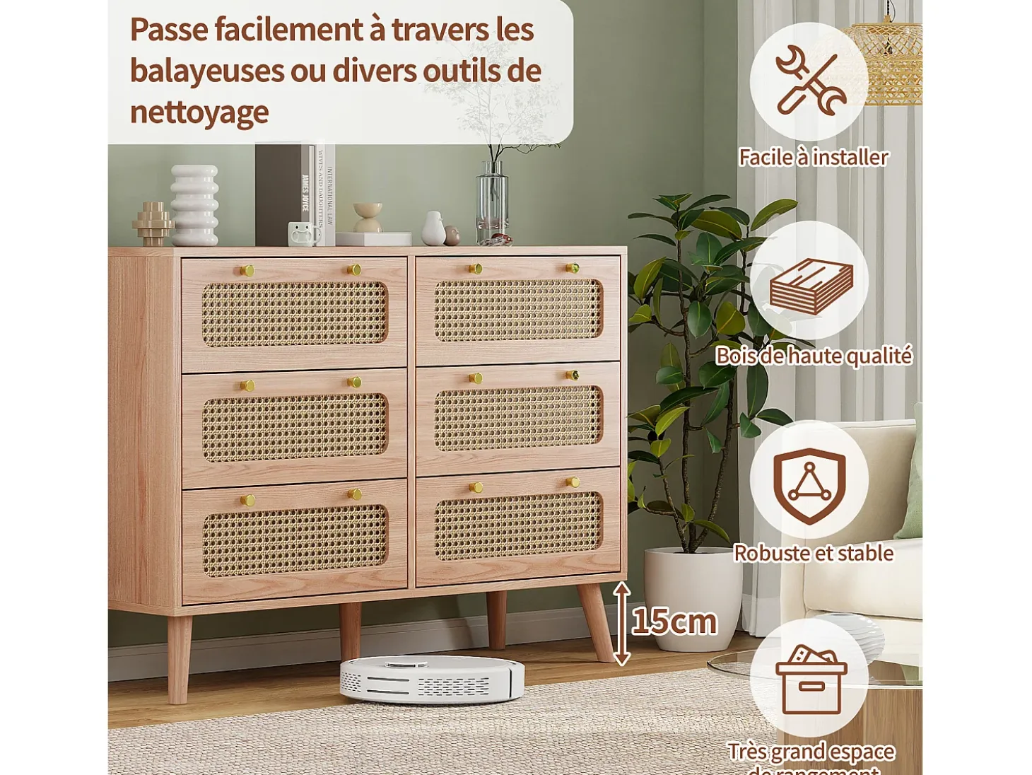 Cómoda de 6 cajones en ratán natural, estilo bohemio, para dormitorio o salón, color madera