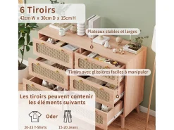 Cómoda de 6 cajones en ratán natural, estilo bohemio, para dormitorio o salón, color madera