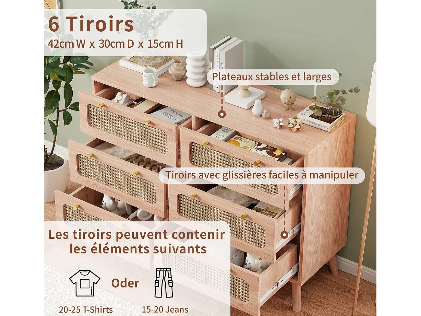 Cómoda de 6 cajones en ratán natural, estilo bohemio, para dormitorio o salón, color madera