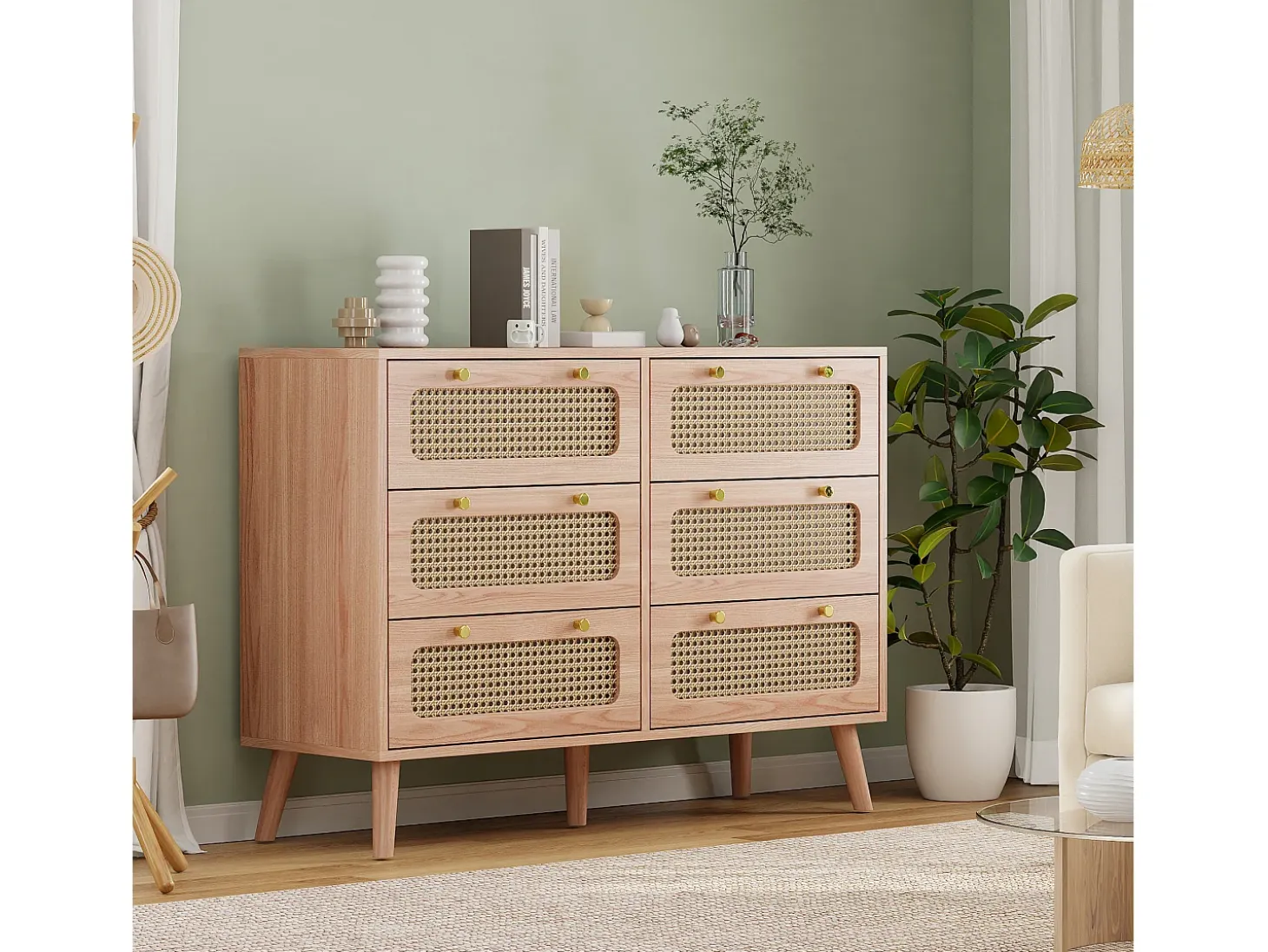 Cómoda de 6 cajones en ratán natural, estilo bohemio, para dormitorio o salón, color madera